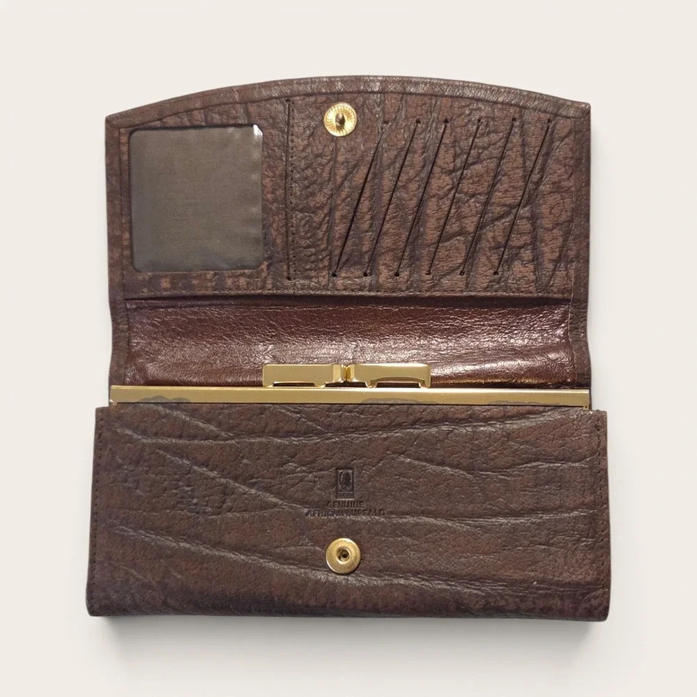 Busby Genuine African Buffalo Leather Trifold Wallet Brown Kiss Lock Clutch